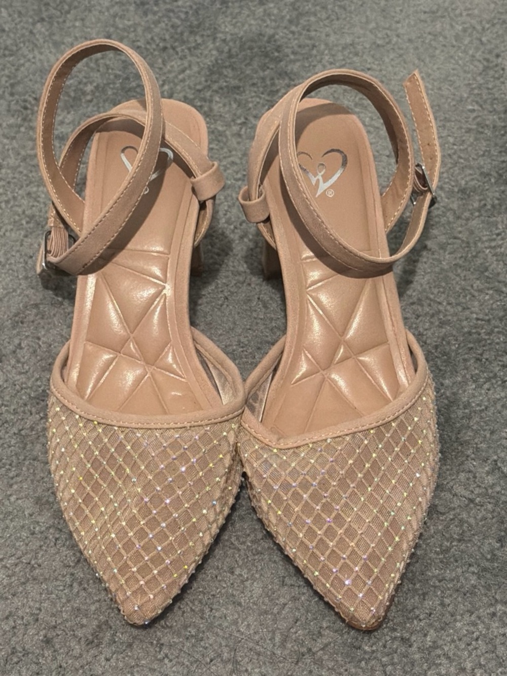Windsor Nude Pointed-Toe Ankle Strap Heels with Glitter Mesh